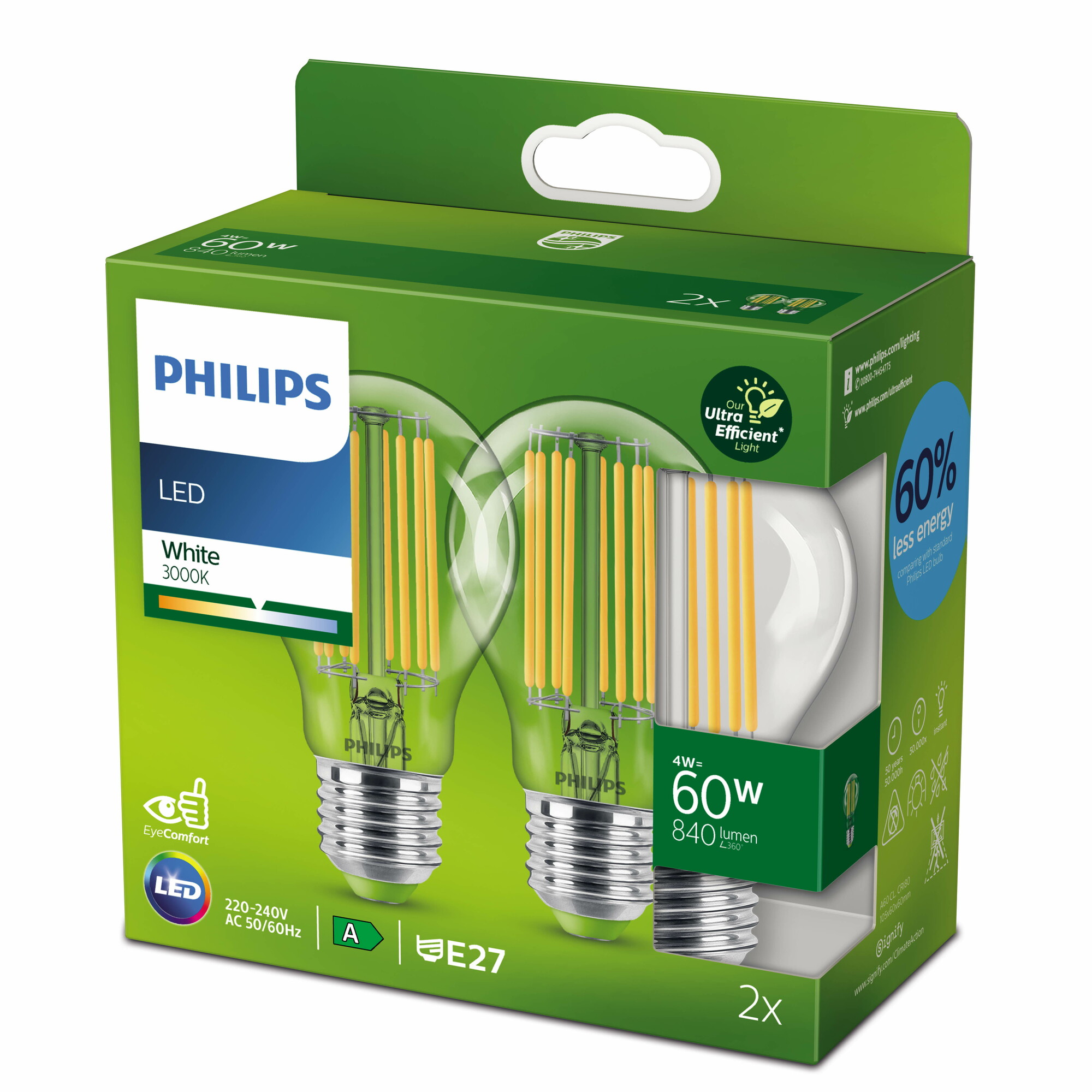 Philips LED Ultra filament lamp helder niet dimbaar (2-pack) - E27 4W 840lm