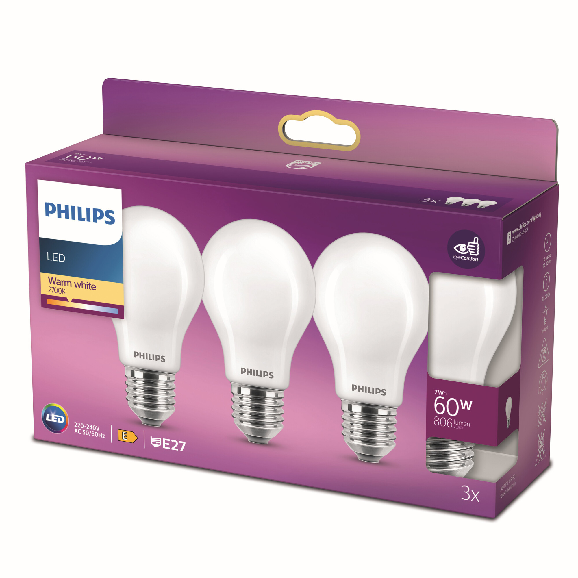 bijvoeglijk naamwoord Stuiteren Leeg de prullenbak Philips LED standaard lamp mat niet dimbaar (3-pack) - E27 A60 7W 806lm  2700K 230V